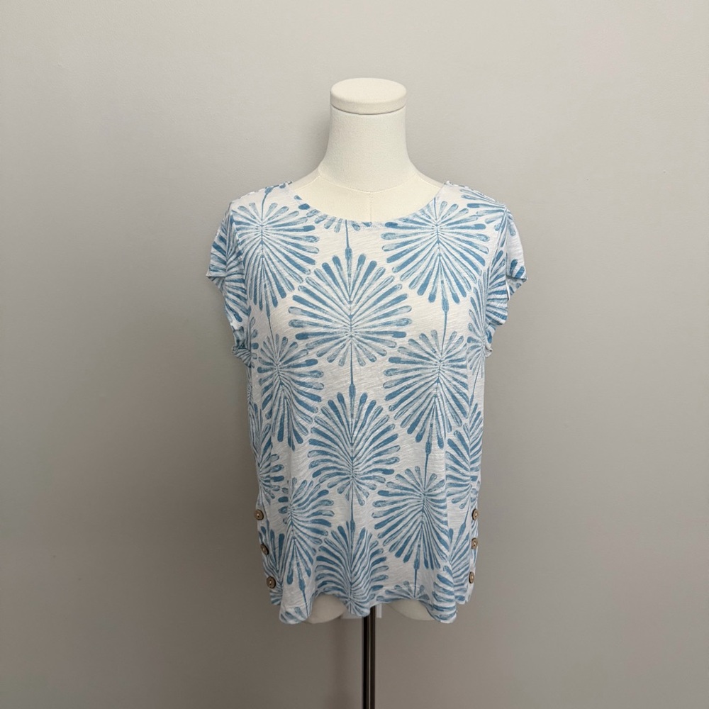 Joie Top Linen Lyocell Blend Button Details Botanical Palms Travel White Blue